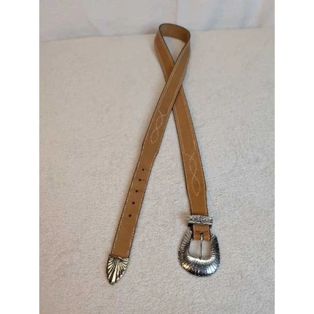 Brown Leather Western Belt Concho Buckle Stitching Men Size 40